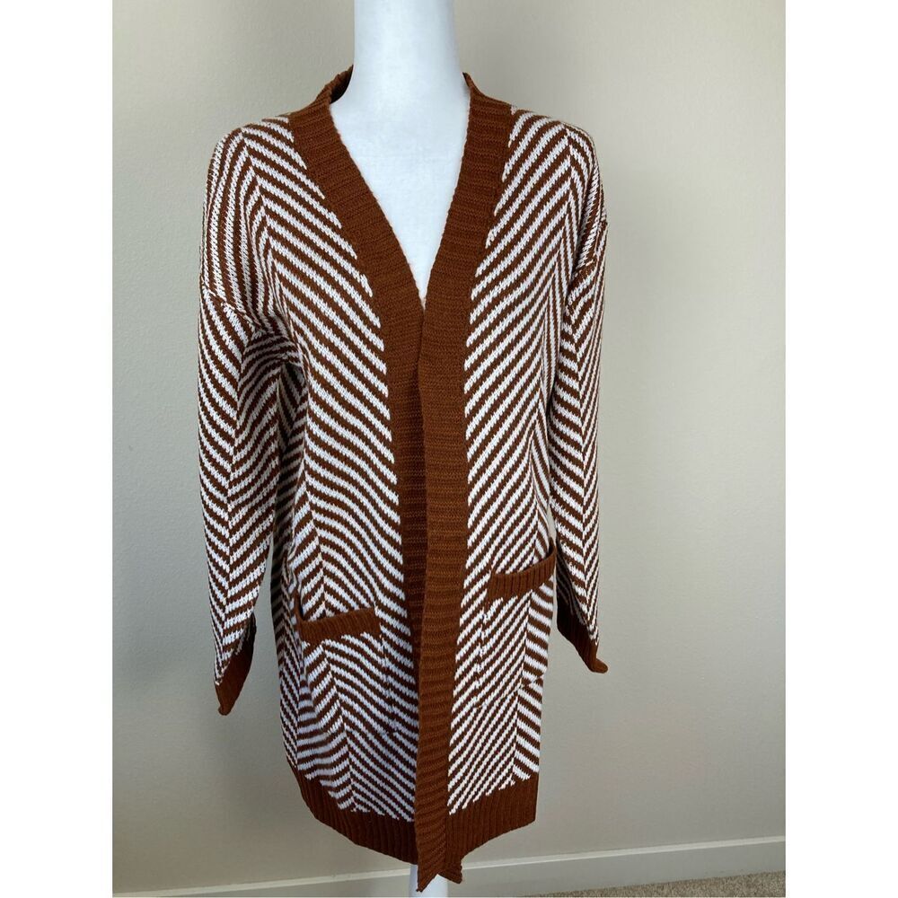 Fortune + Ivy Womens Chevron Zigzag Open Front Cardigan Sweater Rust Brown M